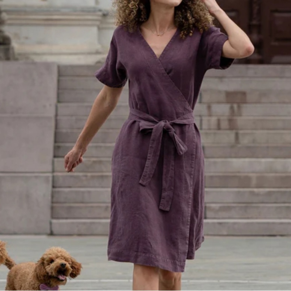 Menique Linen Elegant Purple Wrap Dress